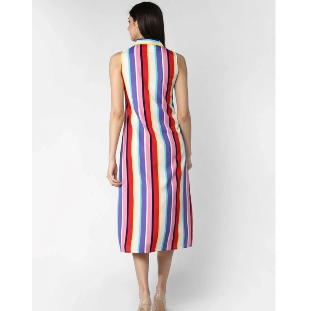 Multicolor striped polyester sleeveless calf-length dress for women on mannequin