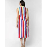 Multicolor striped polyester sleeveless calf-length dress for women on mannequin