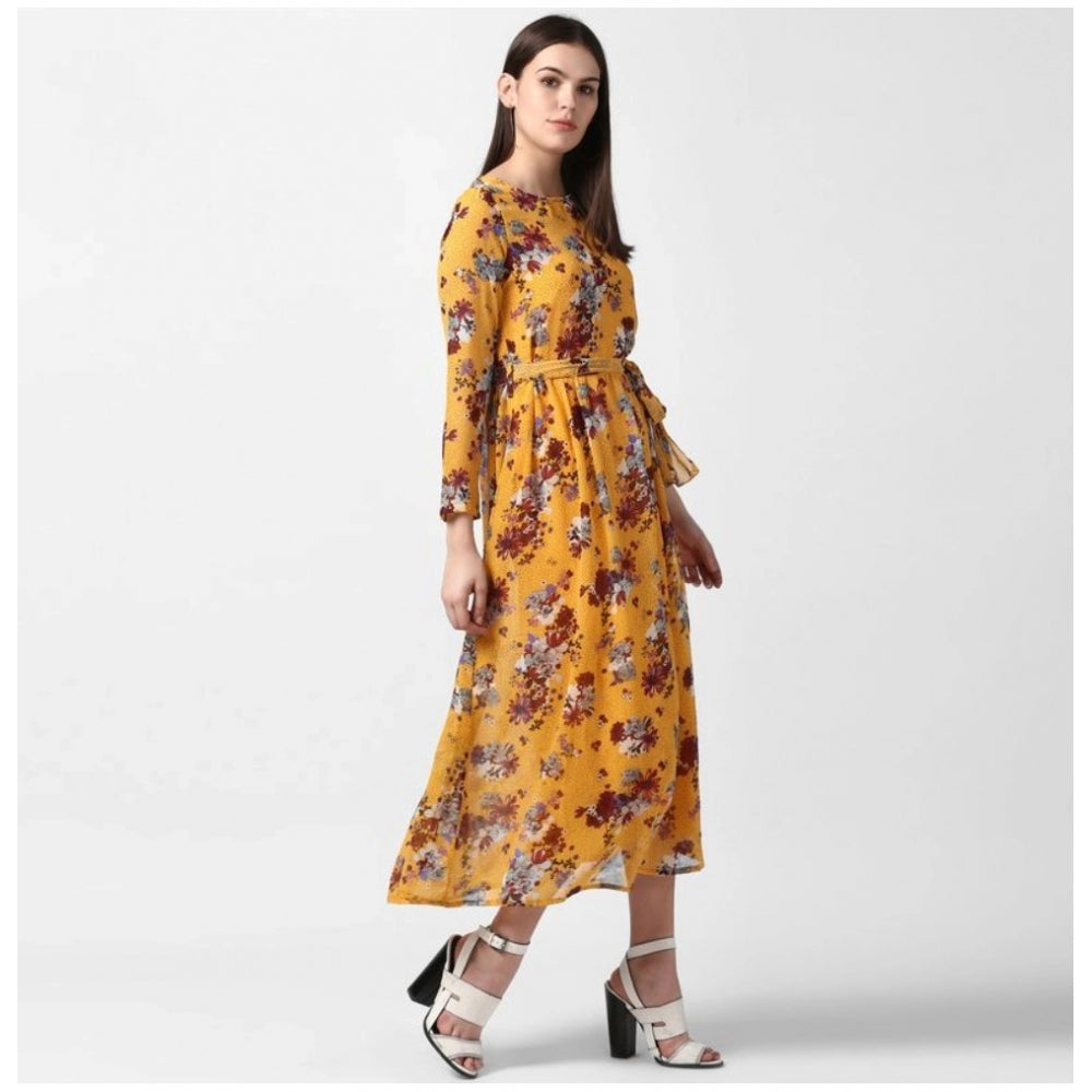 Yellow polyester floral long sleeves calf-length dress on mannequin