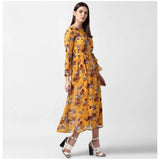 Yellow polyester floral long sleeves calf-length dress on mannequin