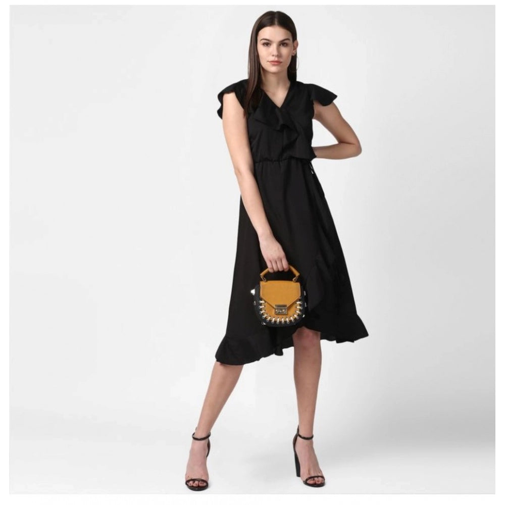 Black polyester ruffled cap sleeve knee-length dress for women