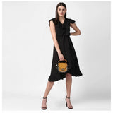 Black polyester ruffled cap sleeve knee-length dress for women