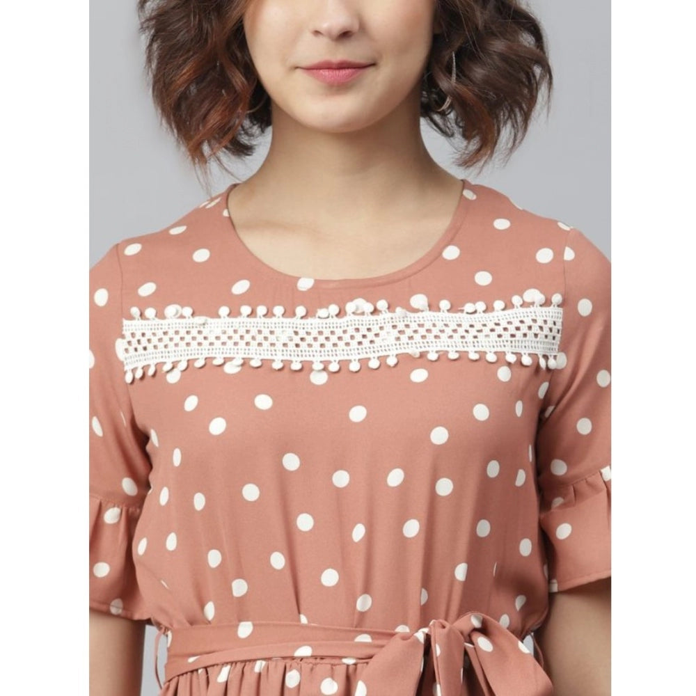 Brown polyester polka bell sleeve dress, round neck, above knee length with intricate detailing