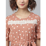 Brown polyester polka bell sleeve dress, round neck, above knee length with intricate detailing