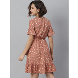Brown polyester polka bell sleeve dress with round neck and above knee length