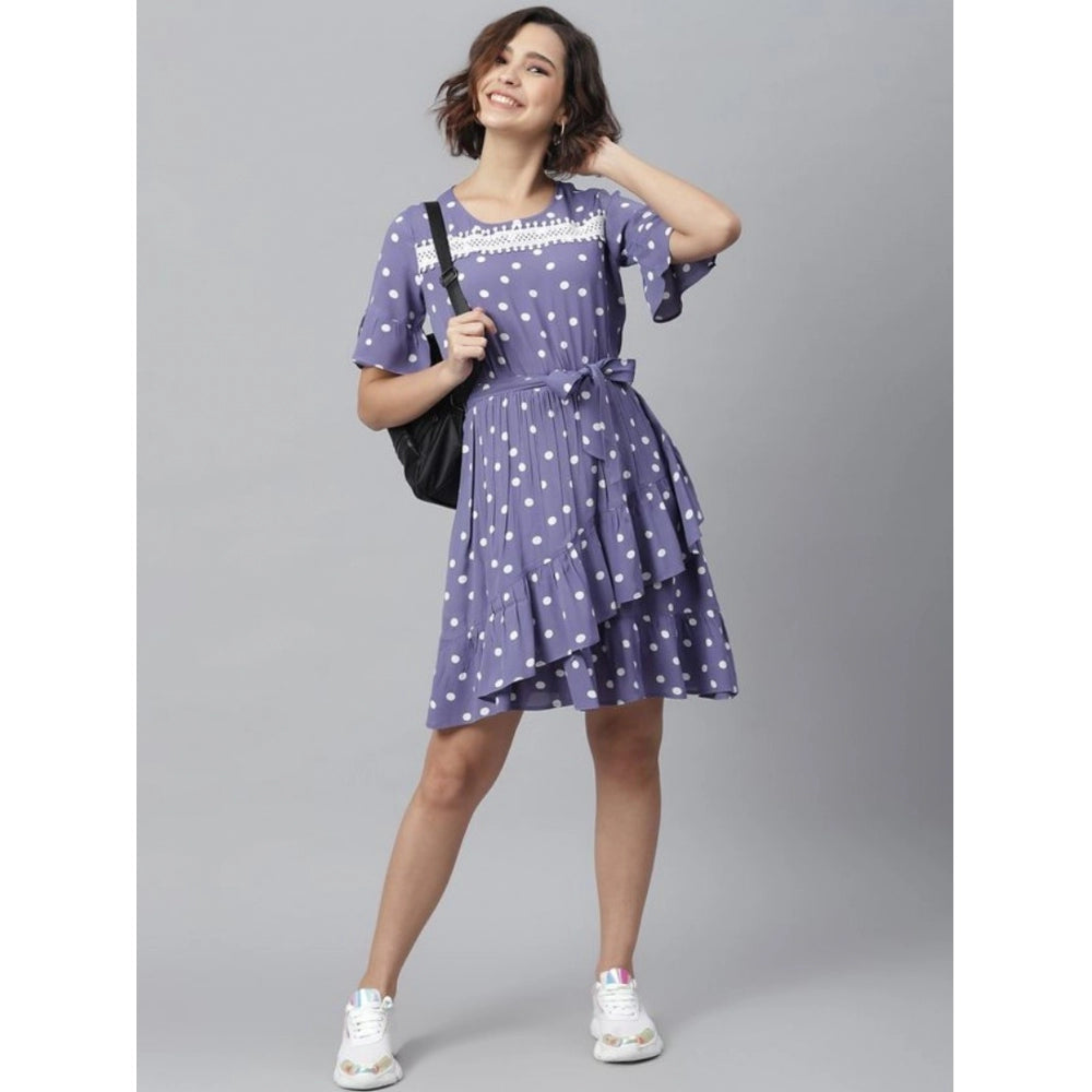 Lavender polyester polka bell sleeve dress for women with round neckline, above-knee length