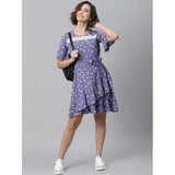 Lavender polyester polka bell sleeve dress for women with round neckline, above-knee length