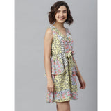 Multicolor polyester peplum sleeveless dress for women, vibrant style with v-neck and above knee length
