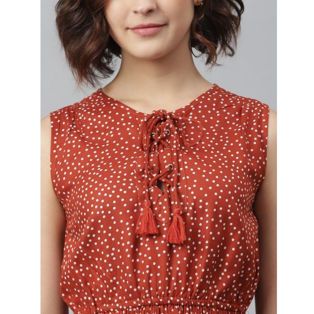 Rust rayon polka sleeveless above knee dress for women, vibrant pattern on display