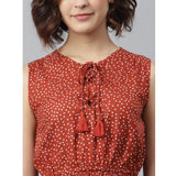 Rust rayon polka sleeveless above knee dress for women, vibrant pattern on display