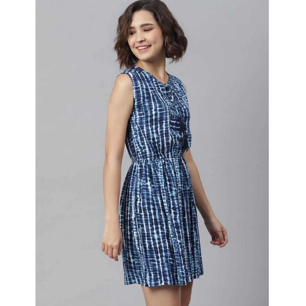 Blue rayon tie & dye sleeveless above knee dress with vibrant pattern