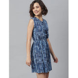 Blue rayon tie & dye sleeveless above knee dress with vibrant pattern