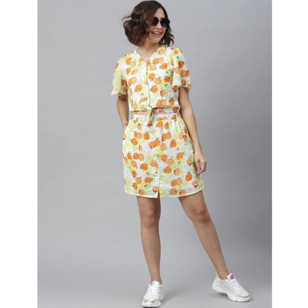Orange-Yellow polyester printed flutter above knee dress for women, vibrant pattern on display