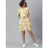 Orange-Yellow polyester printed flutter above knee dress for women, vibrant pattern on display