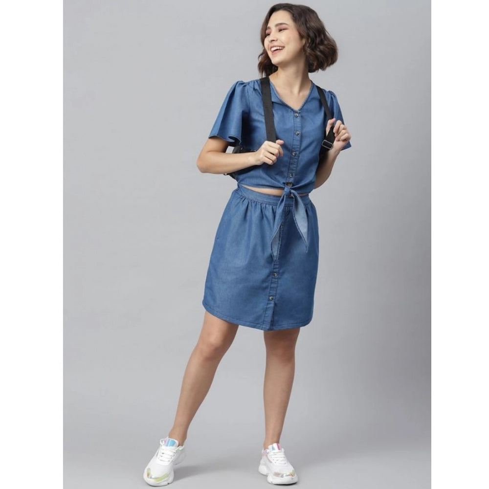 Blue denim flutter dress with v-neck, solid pattern above knee