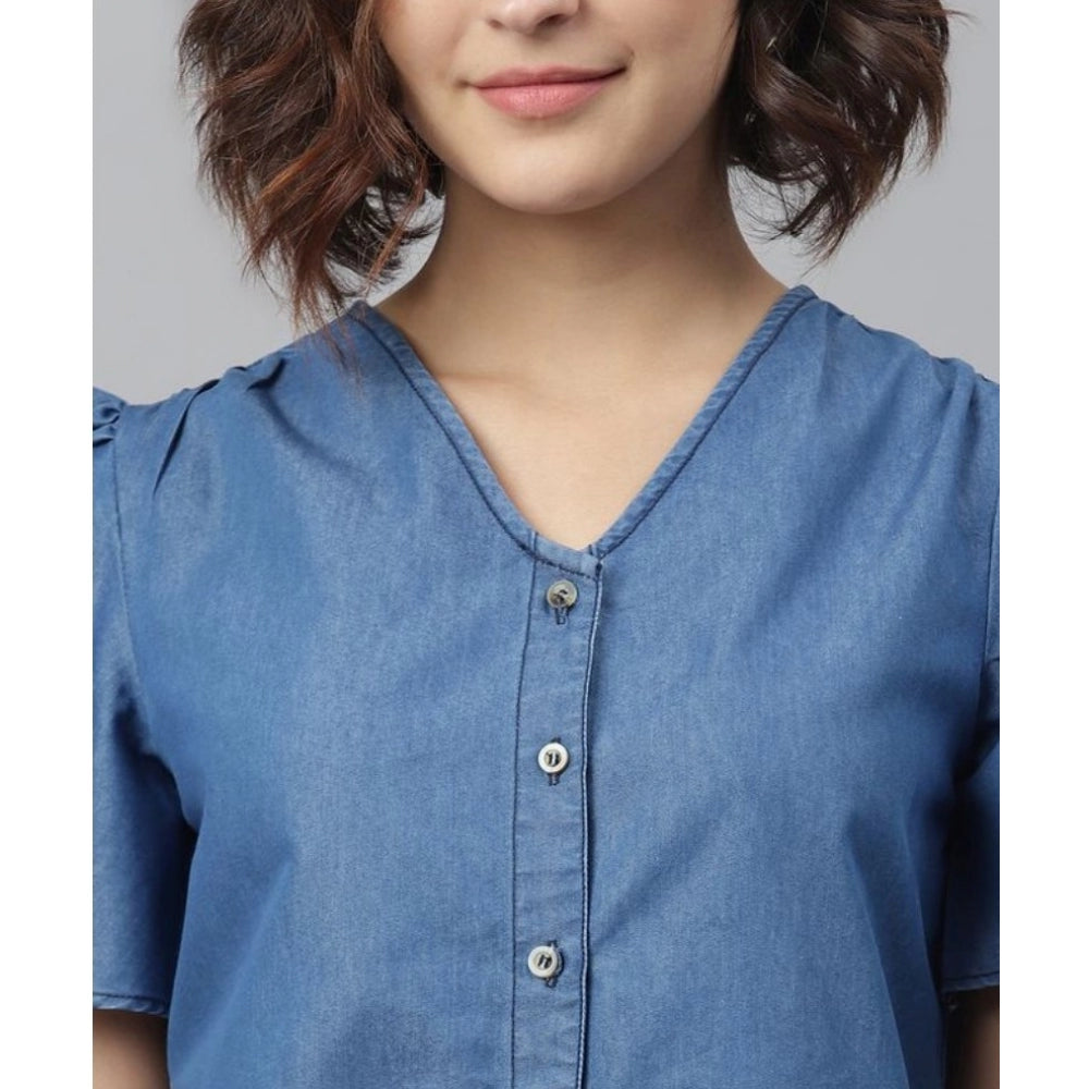 Blue denim flutter dress with v-neck, solid pattern and above knee length