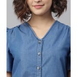 Women's Denim Solid Flutter Above Knee Dress (Blue)