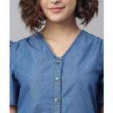 Blue denim flutter dress with v-neck, solid pattern and above knee length