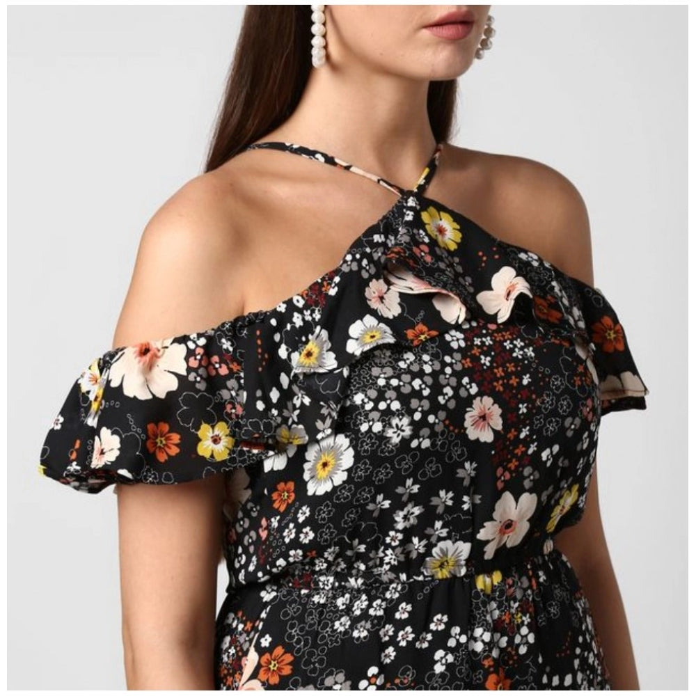 Black polyester floral cold shoulder dress with halter neck, ideal for summer events