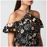 Black polyester floral cold shoulder dress with halter neck, ideal for summer events