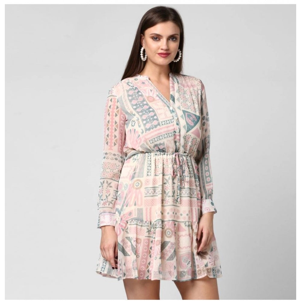 Light Pink & Off White polyester printed long sleeves dress (above knee), vibrant floral pattern on V-neck design