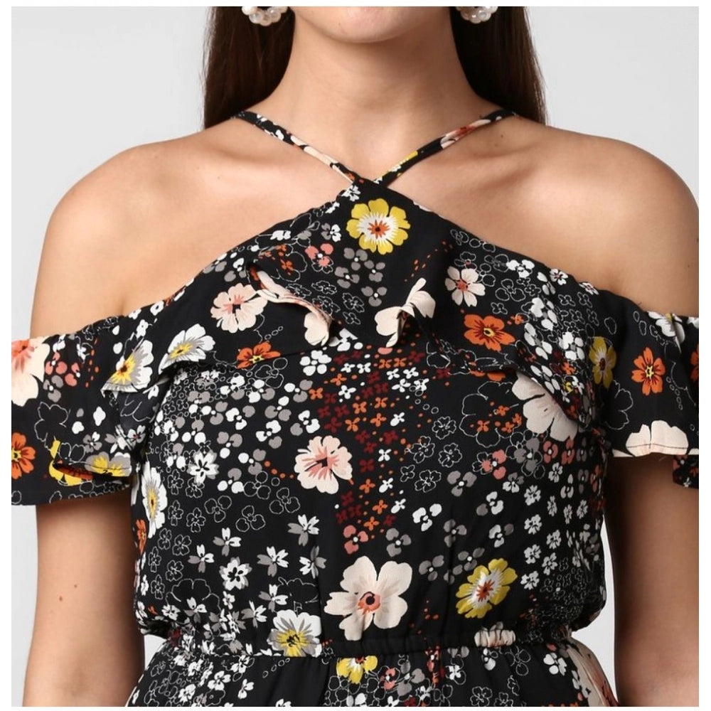 Black polyester floral cold shoulder above knee dress with halter neck, floral pattern visible