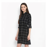 Black & White checkered roll up sleeve women's dress with collar, polyester material above knee length