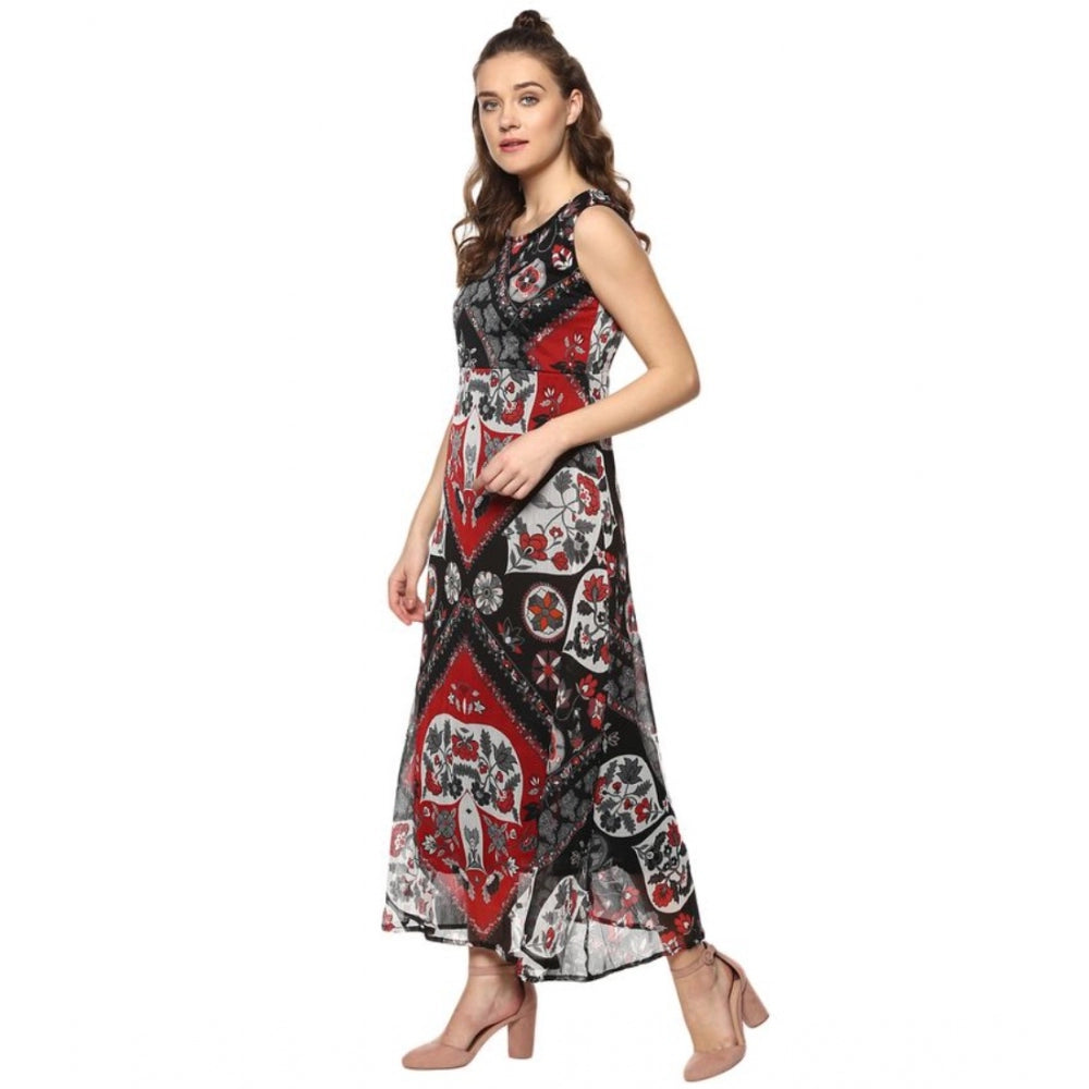 Red and black polyester printed sleeveless dress for women