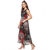 Red and black polyester printed sleeveless dress for women