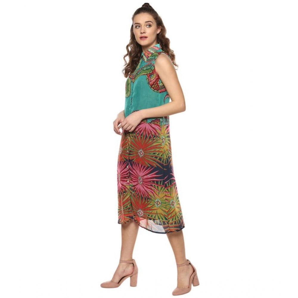 Multicolor polyester floral sleeveless below knee dress for women