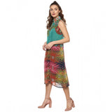 Multicolor polyester floral sleeveless below knee dress for women
