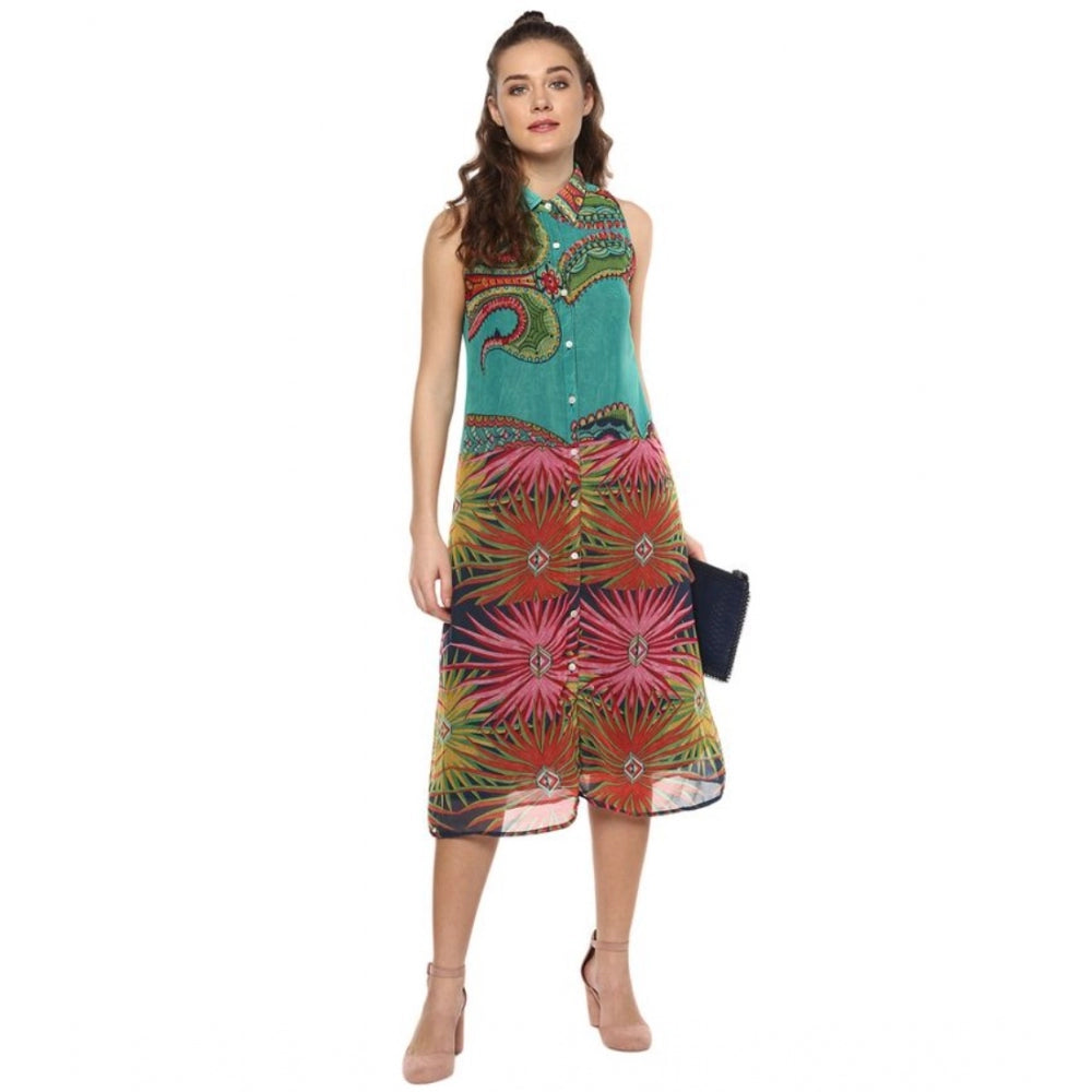 Multicolor polyester floral sleeveless below-knee dress for women, features vibrant floral pattern