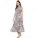 Multicolor polyester chiffon printed sleeveless dress for women, vibrant pattern detail on fashionable attire