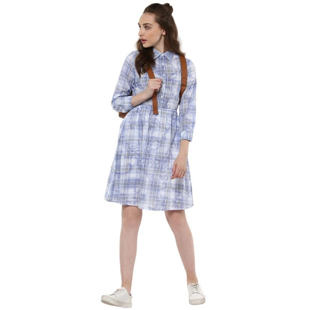 Blue cotton checkered roll-up sleeve above knee dress with collar detail