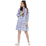 Women's Cotton Checkered Roll Up Sleeve Above Knee Dress (Blue)