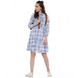 Blue cotton checkered roll-up sleeve above knee dress with collar detail