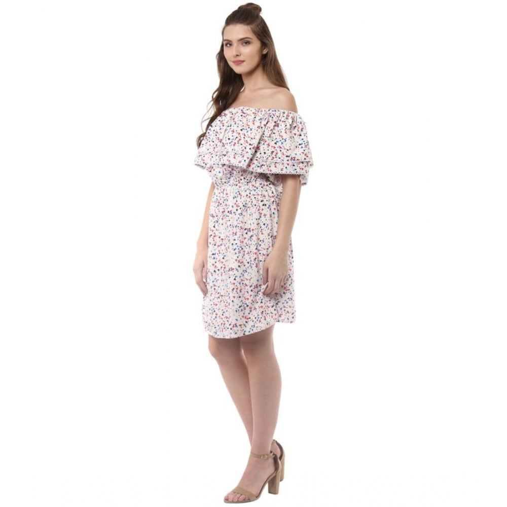 Multicolor rayon floral half-sleeve dress for women, off shoulder style with above knee length