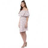 Multicolor rayon floral half-sleeve dress for women, off shoulder style with above knee length