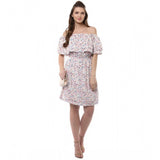 Multicolor rayon floral half-sleeve dress, off-shoulder style with above-knee length on a mannequin