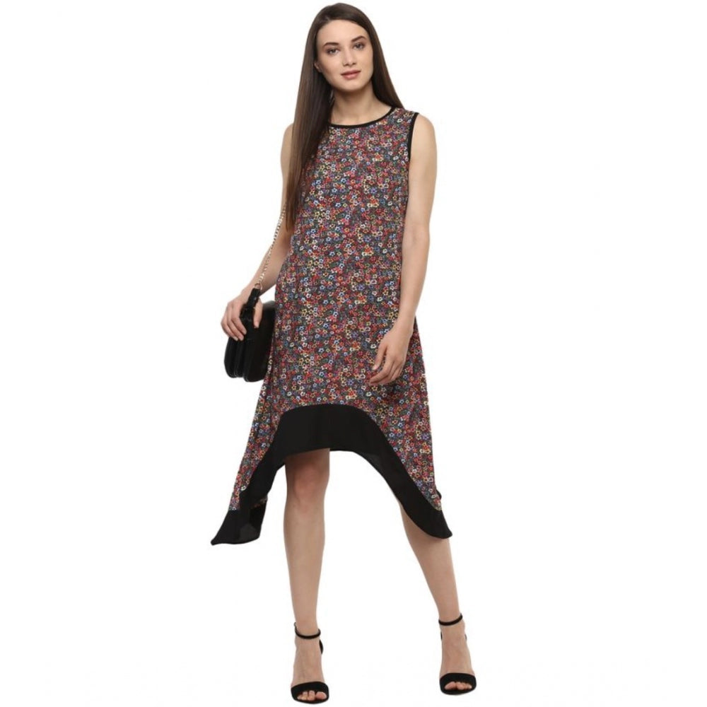 Multicolor polyester printed sleeveless knee-length dress for women, vibrant pattern on display