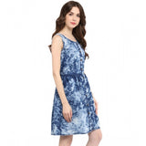 Blue denim tie & dye sleeveless above knee dress for women, vibrant patterned casual summer outfit