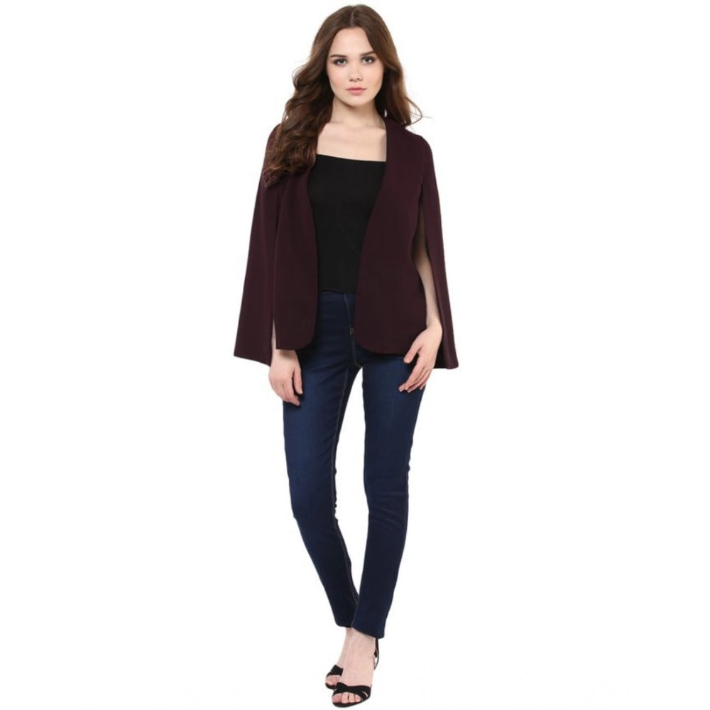 Wine polyester cape sleeve blazer for women - solid, round neck, wearable on mannequin