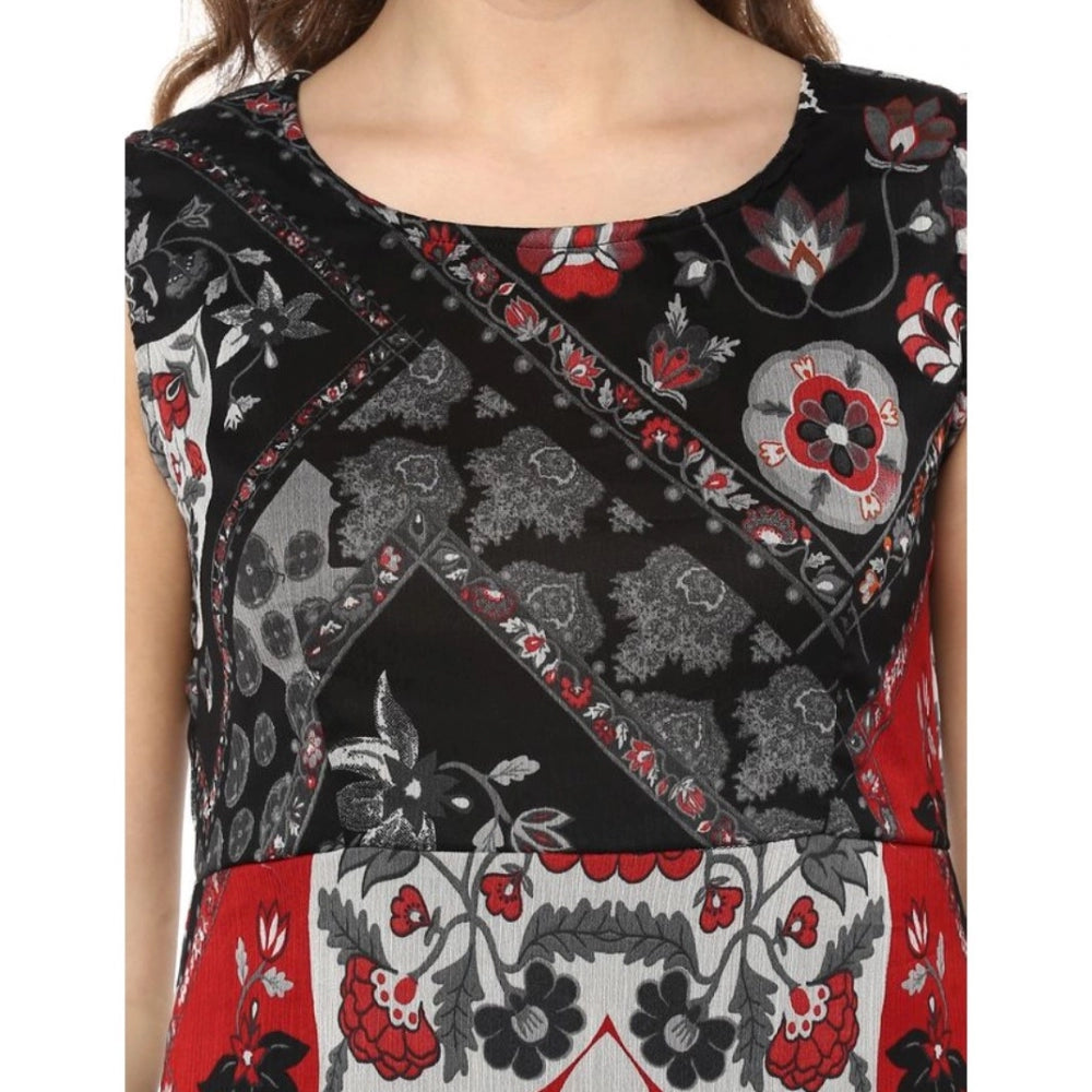 Red & black printed polyester sleeveless dress for women
