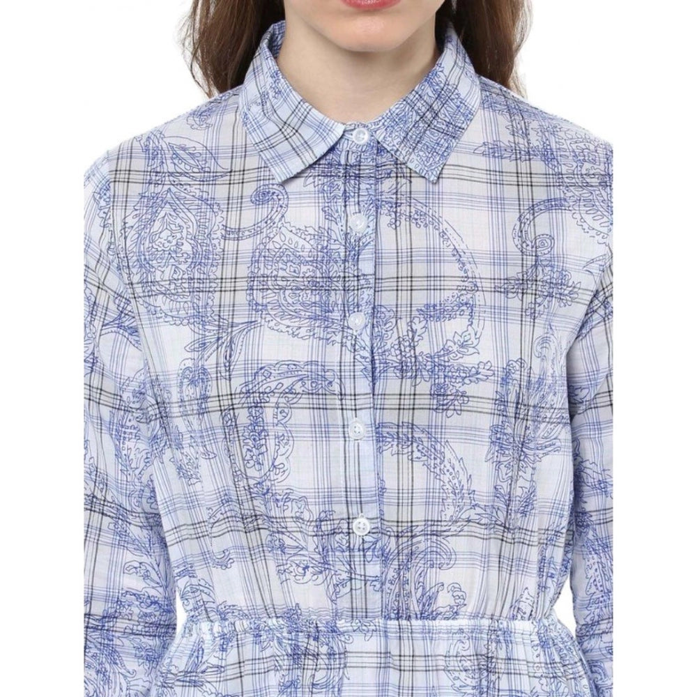 Blue cotton checkered roll-up sleeve above knee dress with collar, stylish casual wear for women