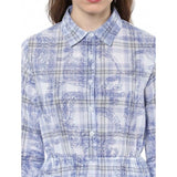 Blue cotton checkered roll-up sleeve above knee dress with collar, stylish casual wear for women