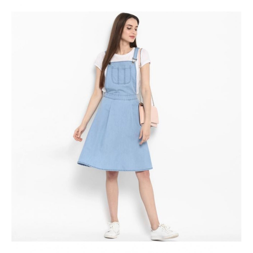 Blue denim solid sleeveless above-knee dress for women on mannequin