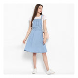 Blue denim solid sleeveless above-knee dress for women on mannequin