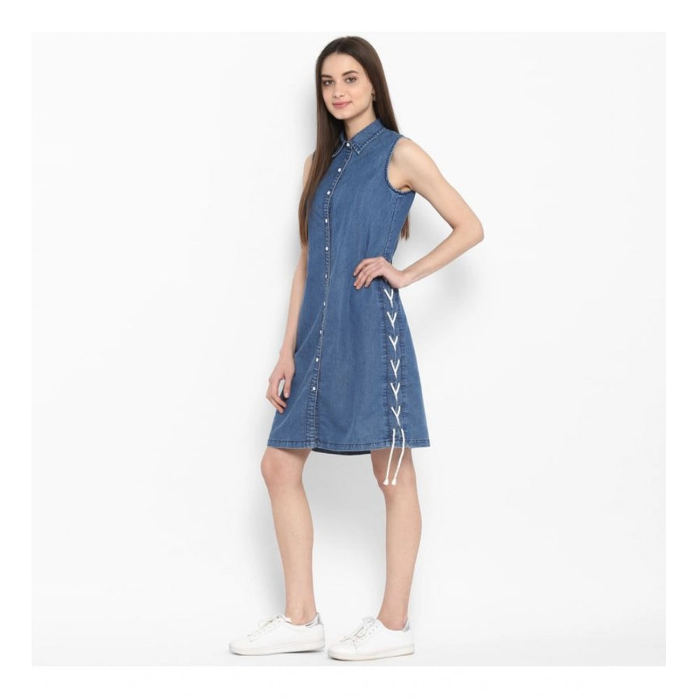 Blue denim solid sleeveless above-knee dress for women on model, fashionable summer outfit