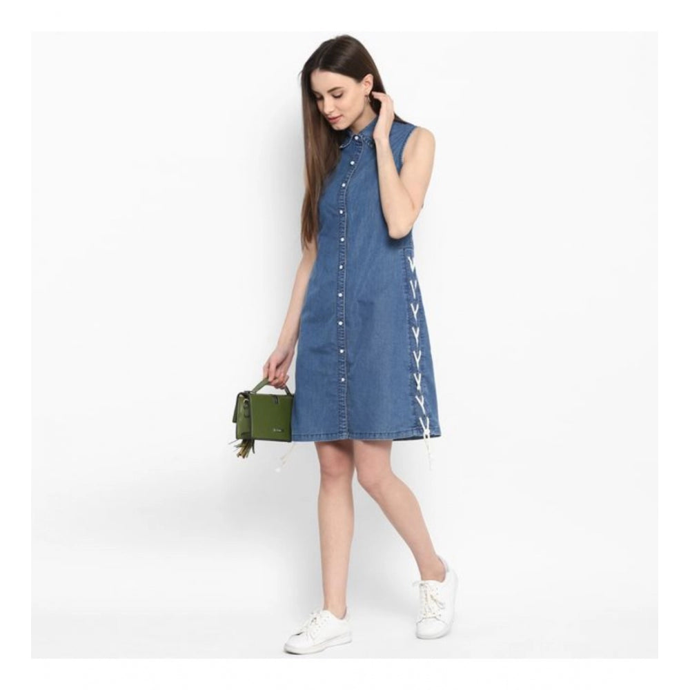 Blue denim solid sleeveless above-knee dress for women on mannequin