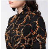Black & yellow polyester chain print roll up sleeve below knee dress with collar